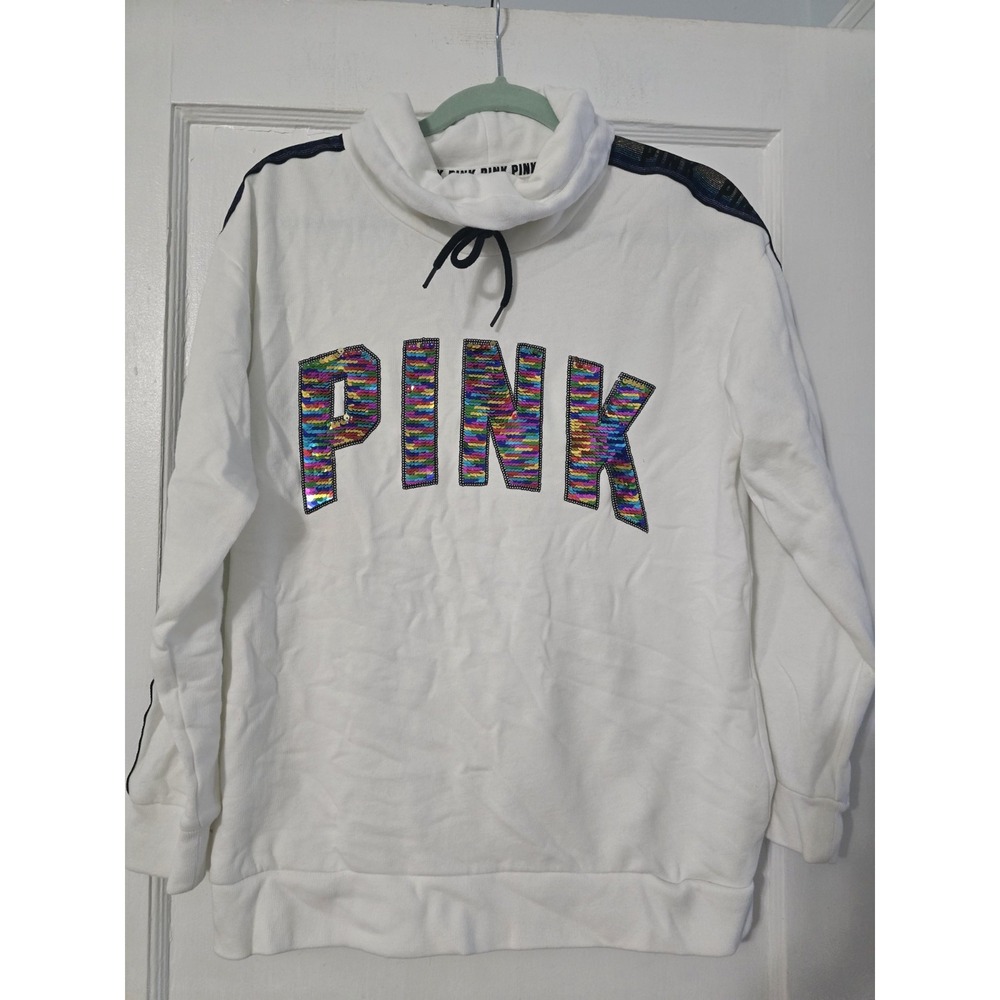 Victoria's Secret PINK S Campus Bling Sequins Glitter Rainbow Cowl Neck Hoodie